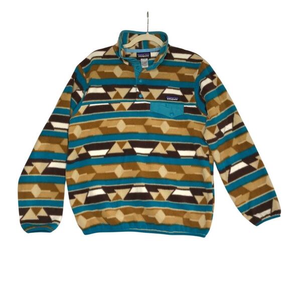 PATAGONIA Synchilla T-Snap Fleece Pullover Women M Tribal Aztec Teal Brown Rare - Picture 1 of 10
